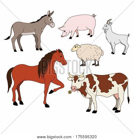 Farm Animals Cartoon Set, Vector With Domestic Livestock, Pet Isolated On White