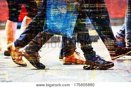 Feet of pedestrians walking on the crosswalk in Oxford street, London. Multiple exposure image. Modern life, travel and shopping concept