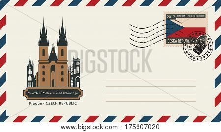 an envelope with a postage stamp with Prague church of Mother of God before tyn and the flag of Czech Republic