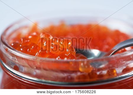 Caviar of salmon fish species, such as: Pacific salmon - pink salmon, keta, sockeye salmon, coho salmon, Atlantic salmon, trout