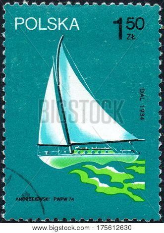 UKRAINE - CIRCA 2017: A stamp printed in Poland shows old sailing yacht Dal participated in the circumnavigation in 1934 circa 1974