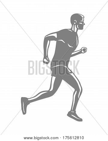 Silhouette of isolated running male person on white background. Man in sportswear and running shoes. Sport lifestyle colourless vector illustration. Motion movement in cartoon style flat design