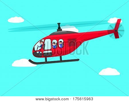 Vector illustration of a cartoon helicopter with people flying through the sky. Flat design.