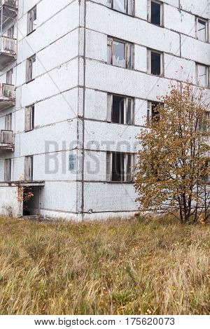 Pripyat. Ghost town in Chernobyl Exclusion Zone. Abandoned house.
