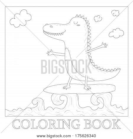 coloring book with cute surf crocodile afloat vector illustration.