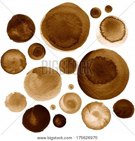 Set of colorful watercolor hand painted circle isolated on white. Watercolor Illustration for artistic design. Round stains blobs of brown coffee garnet raw umber cinereous chamoisee color