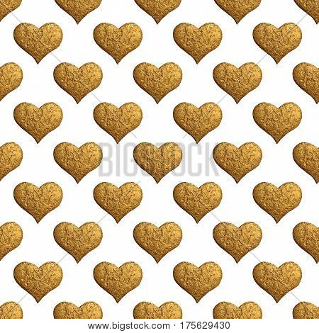 Gold heart hand painting pattern. Vintage love seamless background.