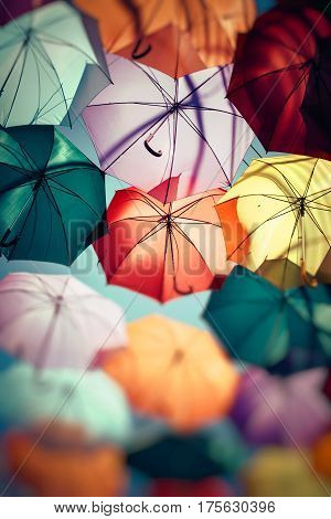 Background colorful umbrella street decoration in Spain.