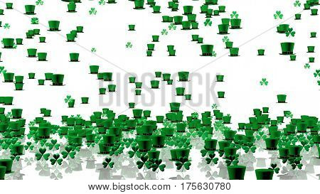 3D illustration of Lots of Tiny Green Irish Hats and Clovers with a White Background