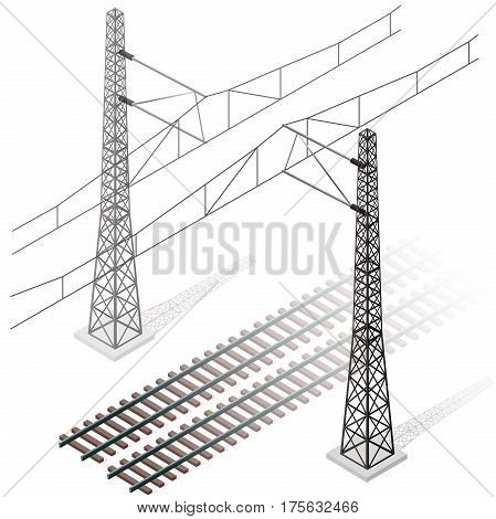 Vector railway in isometric 3d perspective isolated on white background with railroad train power lines. Pylons with trolley. Industrial transportation building. Metallic track architecture with frets