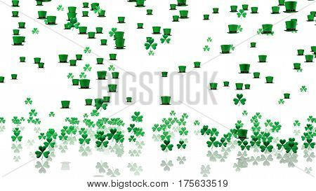 3D illustration of Many Tiny Green Irish Hats and Clovers with a Reflecting Floor and a White Background