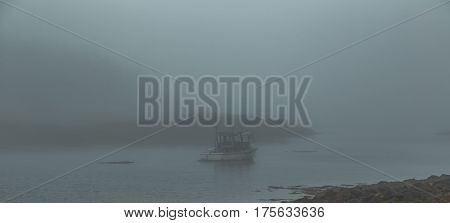 A morning fog lays over the Schoodic Peninsula at Acadia National Park in Maine.