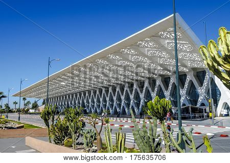 Marrakesh, Morocco - March 4, 2017: Exterior of the airport of Marrakesh Menara in Morocco. The airport served over 4 million passengers in the year 2014