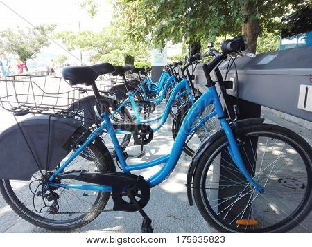 Parked bicycles. Urban transportation outdoors fitness lifestyle and sports concept