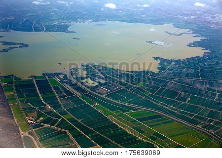 Abufera lake in Valencia aerial west side view in Spain