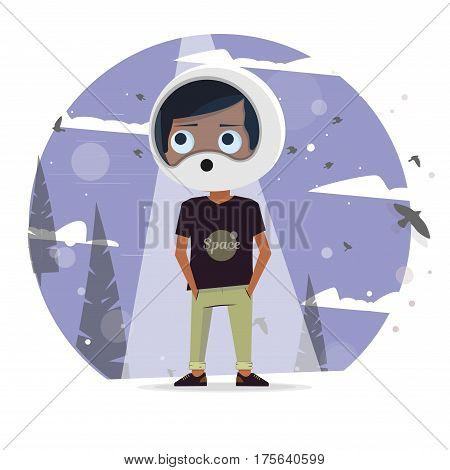 A little boy in a spacesuit dream of astronauts to fly into space. Vector illustration.