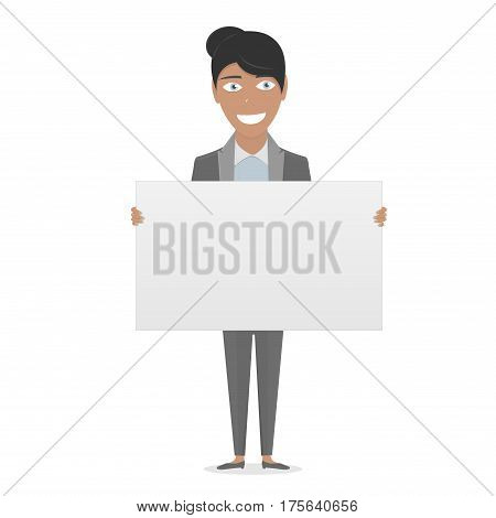 Business woman in the suit holding blank sign. White Board in his hands for you text.