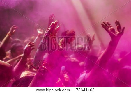 Vrindavan, India. March 23, 2016. Holi celebration in the Hindu Banke Bihare temple in Vrindavan, Uttar Pradesh, India.