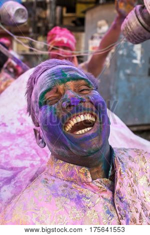 Mathura, India. March 23, 2016. Colourful Holi procession on the streets of Mathura, Uttar Pradesh, India.