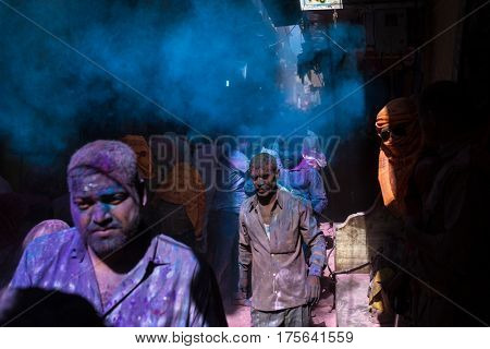 Mathura, India. March 23, 2016. Holi celebration on the streets of Vrindavan, Uttar Pradesh, India.