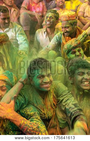 Barsana, India - March 17, 2016: Devotees celebrate Lathmar Holi in Barsana village, Uttar Pradesh, India.