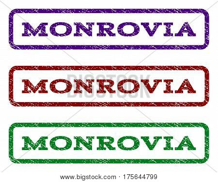 Monrovia watermark stamp. Text tag inside rounded rectangle frame with grunge design style. Vector variants are indigo blue, red, green ink colors. Rubber seal stamp with scratched texture.