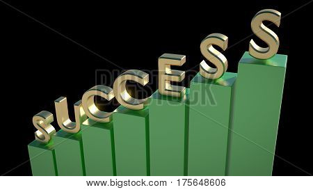 SUCCESS written in 3D golden letters on top of green chart poles going up. Moving up, business, financial success. 3D render.