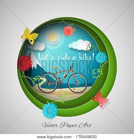 Vector paper art of Cycling in the mountains on the gradient gray and green background with bicycle road sun clouds mountains flowers and butterflies.