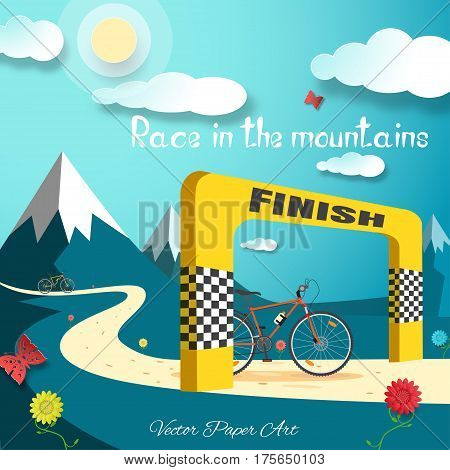 Vector poster of Race in the mountains on the gradient blue background with bicycle finish gate road sun clouds mountains flowers and butterflies.