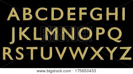English alphabet in gold upper case letters, custom 3D font variant.