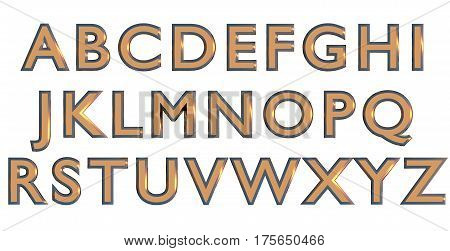 English alphabet in gold upper case letters, custom 3D font variant.