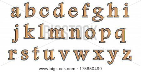 English alphabet in gold lower case letters, custom 3D font variant.
