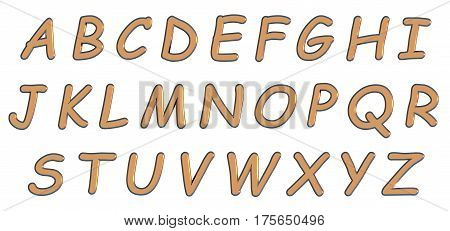 English alphabet in gold upper case letters, custom 3D comics font variant.