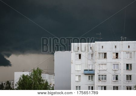 Thunderstorm is coming in the Soviet architecture city