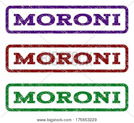 Moroni watermark stamp. Text caption inside rounded rectangle frame with grunge design style. Vector variants are indigo blue, red, green ink colors. Rubber seal stamp with dust texture.
