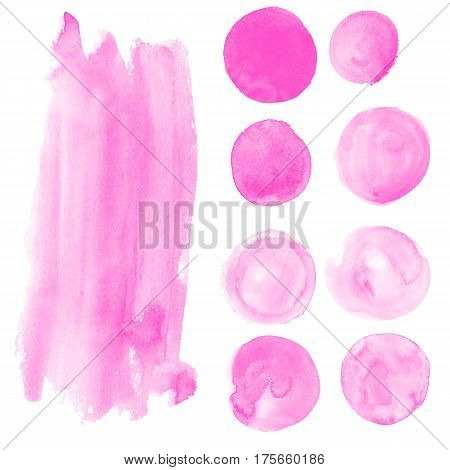 Set of pink watercolor stains. Swabs suitable for texture advertising banners, Women's logos, backgrounds for postcard, party poster, coupon, certificate and sale, business and invitation Card, Flyer.
