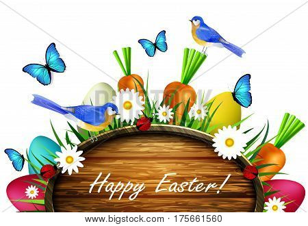 Happy Easter wooden board on a lawn with flowers blue butterflyes easter eggs carrots and ladybug bluebirds vector