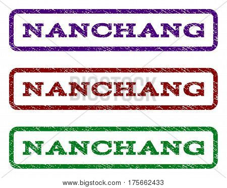 Nanchang watermark stamp. Text caption inside rounded rectangle frame with grunge design style. Vector variants are indigo blue, red, green ink colors. Rubber seal stamp with dust texture.