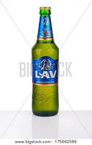 ZAGREB, CROATIA - MARCH 2, 2017: Lav Pivo is a Serbian beer brand. Produced and bottled by Carlsberg Srbija, it has the second-biggest market share among the beer brands in Serbia.