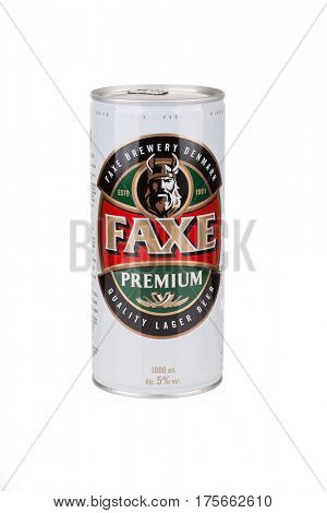 ZAGREB, CROATIA - MARCH 2, 2017: Faxe Premium is a popular lager brewed by Faxe Bryggeri A/S, Danish brewery owned by Royal Unibrew.
