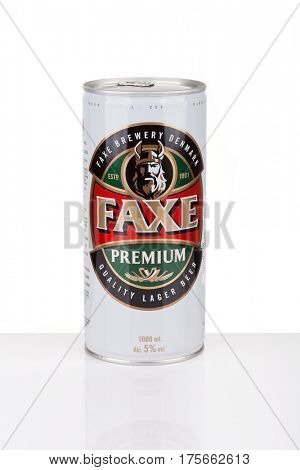 ZAGREB, CROATIA - MARCH 2, 2017: Faxe Premium is a popular lager brewed by Faxe Bryggeri A/S, Danish brewery owned by Royal Unibrew.