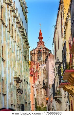 Narrow Street University Templo De La Compania Bell Steeple Guanajuato Mexico. Compania built by the Jesuits between 1746 to 1765.