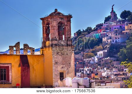 Iglesia de San Rocque San Rocque Church El Pipila Statue Guanajuato Mexico. El Pipila is a Mexican Hero from 1810 Mexican War of Independence.