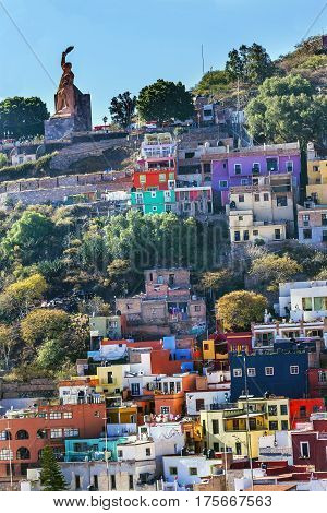 Many Colored Houses El Pipila Statue Guanajuato Mexico. El Pipila is a Mexican Hero from 1810 Mexican War of Independence.