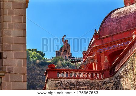 Juarez Theater Temple de San Diego San Diego Church El Pipila Statue Guanajuato Mexico. El Pipila is a Mexican Hero from 1810 Mexican War of Independence.