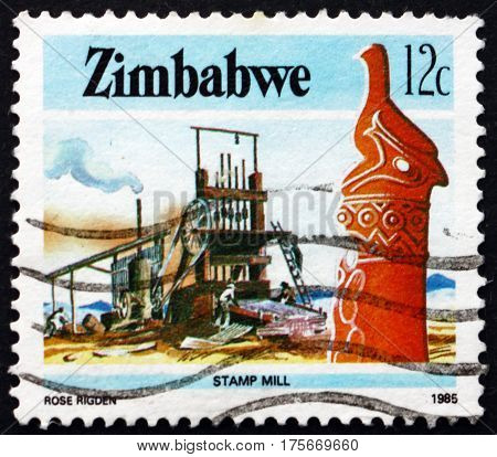 ZIMBABWE - CIRCA 1985: a stamp printed in Zimbabwe shows Zimbabwe bird and stamp mill industry circa 1985