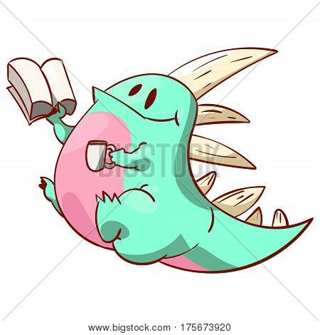 Colorful vector illustration of a cute dinosaur or a dragon reading a book and having a cup of coffee or tea