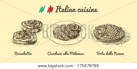 Italian menu monochrome illustration. Vector illustration of Italian cuisine.