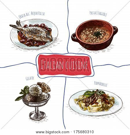 Italian menu colorful illustration. Vector illustration of Italian cuisine.