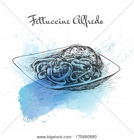 Fettuccine Alfredo watercolor effect illustration. Vector illustration of Italian cuisine.
